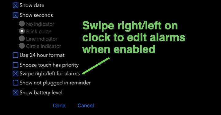 Appearance settings for swiping for alarms