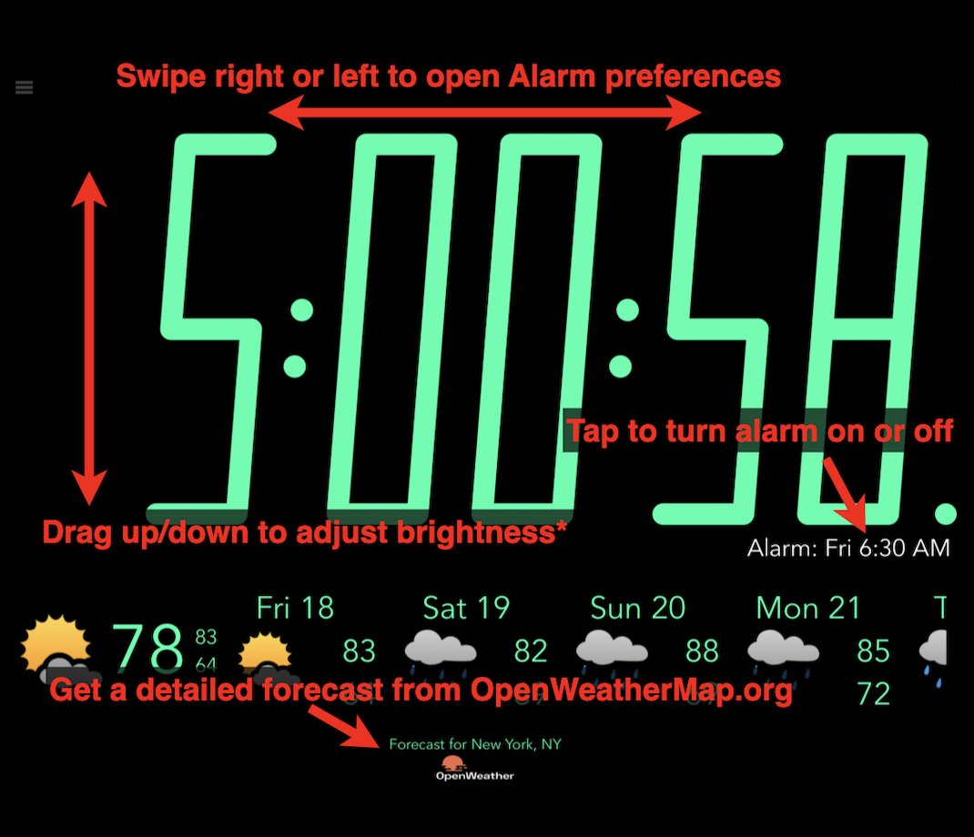 Adjusting brightness, getting to alarm settings